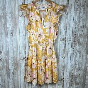 Steve Madden Women’s Prairie Dream Dress Floral Ruched Ruffle Sleeve Gold sx XS